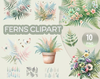 Watercolor Fern Clipart Pack, High-Resolution PNG (Digital Download)