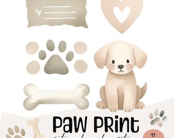 Watercolor Paw Print Clipart, Dog Bone Graphics (Instant Download)