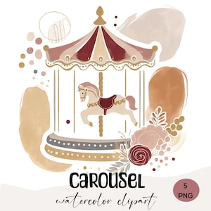 Carrossel aquarela clipart, 5 PNG carrossel, clipart de carrossel fofo, carrossel PNG, clipart de carrossel neutro, diário de lixo, chá de bebê png