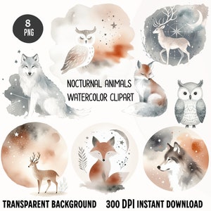 8 Noordse nachtdieren aquarel clipart, nachtdieren png, uil clipart, herten clipart, wolf clipart, fox clipart, commercieel gebruik,
