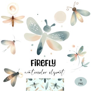 May include: Watercolor clipart set of fireflies with a blue, green, and brown color scheme. The set includes 13 PNG files and a seamless pattern.