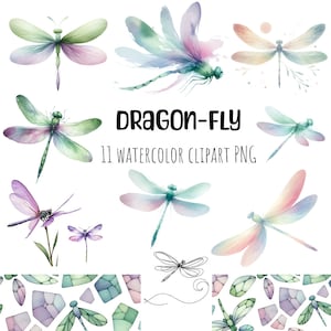 11 Acuarela Libélula Clipart, libélula pastel PNG, insectos clipart PNG, uso comercial para fabricante de tarjetas, descarga digital, diario basura