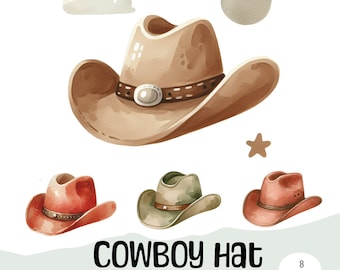 Watercolor Cowboy Hat Clipart, Western PNG Set (Commercial Use)