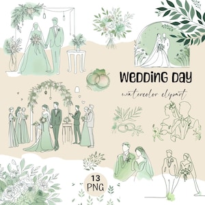 Image clipart le jour du mariage, aquarelle et clipart dessin au trait, 13 PNG, clipart anneaux de mariage, clipart Bouquet, clipart juste marié, les mariés png