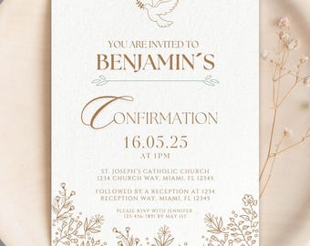 Plantilla de invitación de confirmación católica: Diseño floral editable (digital)