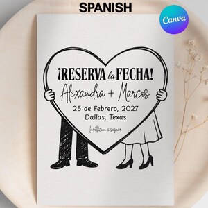 Può includere: Una carta bianca con un disegno a forma di cuore nero con il testo "¡RESERVA la FECHA!" e i nomi "Alexandra + Marcos". La carta include anche la data "25 de Febrero, 2027" e la località "Dallas, Texas".