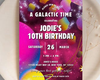 Space Birthday Invitation for Girls, Trendy Galaxy Theme, Editable Digital Template