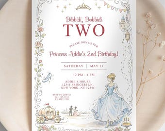 Princess Birthday Invitation for Girls, Bibbidi Bobbidi Two, Vintage Princess Fairytale Template