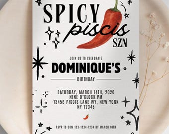 Piscis Birthday Invitation Template, Editable Spicy Piscis Funny Astrology Invite