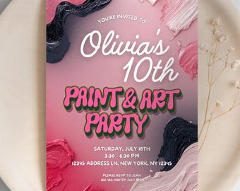 Girl Birthday Invitation, Paint and Art Party Editable Template, Pink
