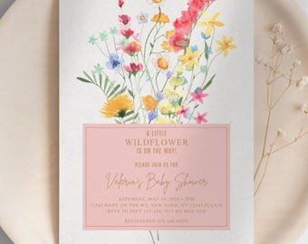 Baby Shower Invitation, Girl Floral Modern Wildflower Editable Invite