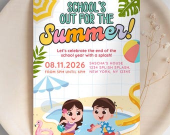 End of School Party Invitation, Summer Pool Invite for Kids, Editable Template