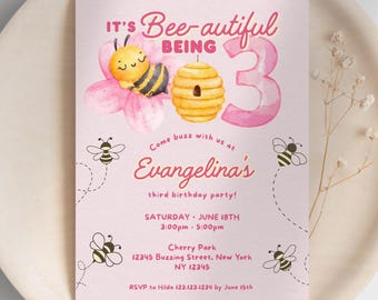 Third Birthday Party Invitation for Girls, 3rd Birthday Bee Theme, Baby Animals Invite