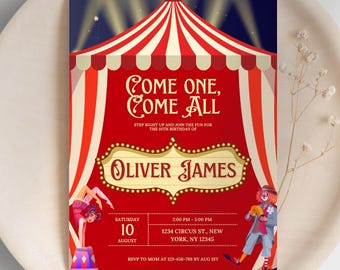 Birthday Invitation for Children, Carnival Theme, Circus Party Invite for Kids