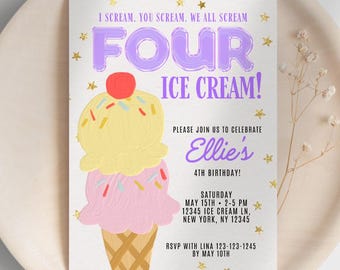 4th Birthday Invitation Ice Cream Party, Editable Toddler Invite Template