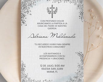 Funeral Invitation in Spanish, Floral Elegant Memorial Service Invite or Announcement