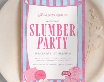 Girls Birthday Invitation, Pajama Slumber Party Invite, Sleepover Pink Preppy Party