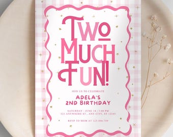 Second Birthday Invitation, Two Much Fun Pink Birthday Invite for Girls
