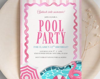 Birthday Invitation for Girls, Summer Pool Party, Pink Preppy Swim Party Invite