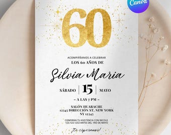 Spanish 60th Birthday Invitation, Elegant Gold Glitter Template (Digital Download)