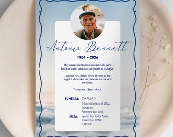 Funeral Service Invitation in Spanish, Memorial Card Death Announcement, Tarjeta Fúnebre en Español