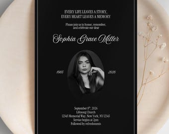 Memorial Service Invitation, Black and White Elegant Modern Funeral or Celebration of Life Invite