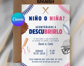 Spanish Gender Reveal Invitation, Baseball Boy or Girl, Niño o Niña Beisbol