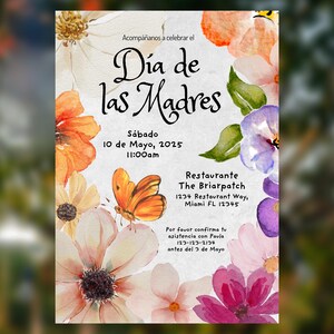 May include: A watercolor invitation with floral designs and a butterfly. The invitation is for a Mother's Day celebration on Saturday, May 10, 2025 at 11:00 am at The Briarpatch restaurant. The address is 1234 Restaurant Way, Miami FL 12345. RSVP to Paula at 123-127-2134 by May 3rd.