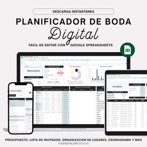 Puede incluir: Un planificador de bodas digital que se muestra en una computadora portátil, una tableta y un teléfono inteligente. Las pantallas muestran hojas de cálculo con información de presupuesto, lista de invitados y horario. El texto incluye "Descarga instantánea".
