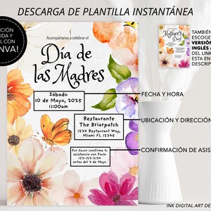 May include: A printable invitation for a Mother's Day celebration. The invitation features a watercolor floral design with butterflies and the text "D&iacute;a de las Madres" in Spanish. The invitation includes the date, time, location, and contact information for RSVP.