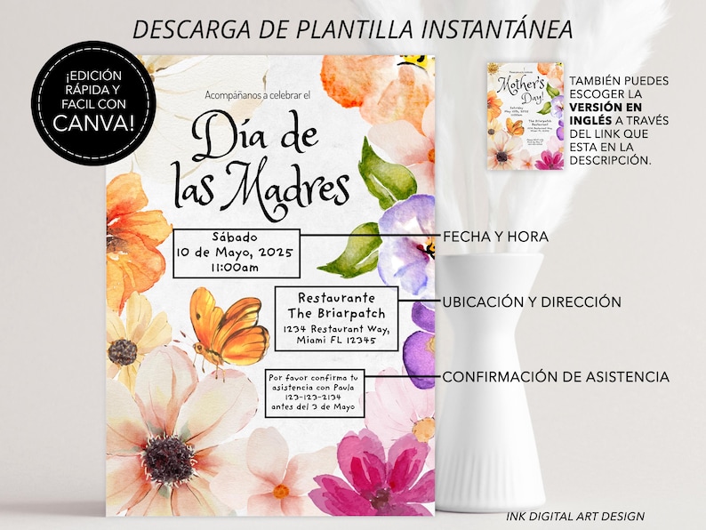 May include: A printable invitation for a Mother's Day celebration. The invitation features a watercolor floral design with butterflies and the text "D&iacute;a de las Madres" in Spanish. The invitation includes the date, time, location, and contact information for RSVP.
