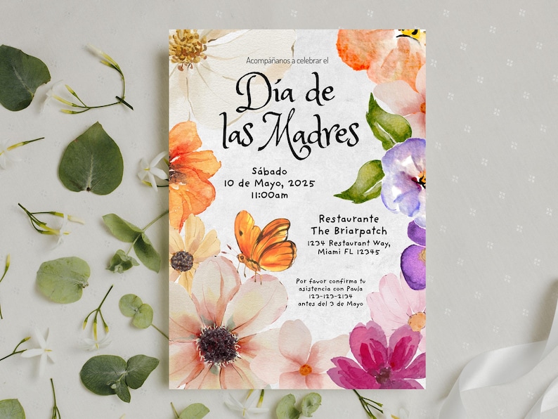 May include: A watercolor invitation with floral designs and a butterfly. The invitation is for a Mother's Day celebration on Saturday, May 10, 2025 at 11:00 am at The Briarpatch restaurant. The text reads "D&iacute;a de las Madres".