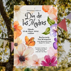 May include: A watercolor invitation with floral designs and a butterfly. The invitation is for a Mother's Day celebration on Saturday, May 10, 2025 at 11:00 am at The Briarpatch restaurant. The text reads "Acomp&aacute;&ntilde;anos a celebrar el D&iacute;a de las Madres".