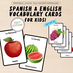 Spanisch Vokabelkarten für Kinder, Lernmaterialien für Kinder, zweisprachige Karteikarten, Sofort Download
