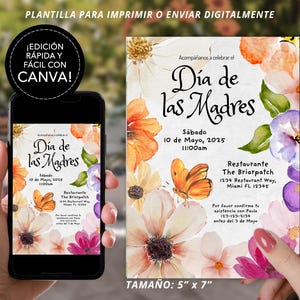 May include: A printable or digital invitation for a Mother's Day celebration. The invitation features a watercolor floral design with butterflies and the text "D&iacute;a de las Madres" in a decorative font. The invitation includes the date, time, and location of the event, as well as a request to RSVP by a specific date.