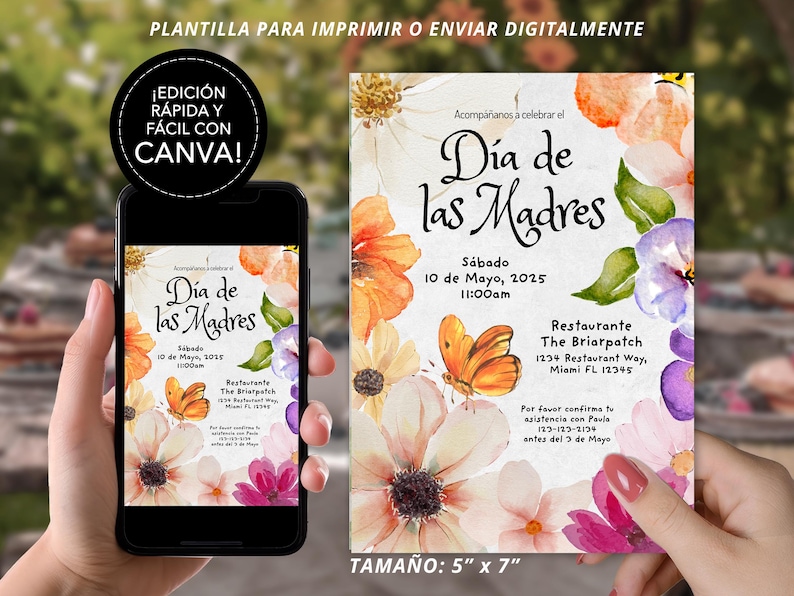 May include: A printable or digital invitation for a Mother's Day celebration. The invitation features a watercolor floral design with butterflies and the text "D&iacute;a de las Madres" in a decorative font. The invitation includes the date, time, and location of the event, as well as a request to RSVP by a specific date.
