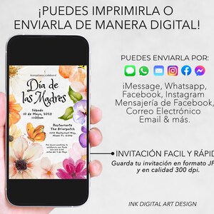 May include: A digital invitation for Mother's Day with a floral design. The invitation includes the text "D&iacute;a de las Madres" and details about the event, including the date, time, and location. The invitation can be printed or sent digitally.