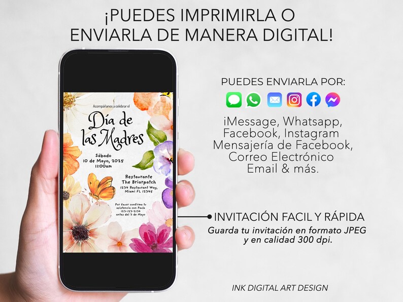 May include: A digital invitation for Mother's Day with a floral design. The invitation includes the text "D&iacute;a de las Madres" and details about the event, including the date, time, and location. The invitation can be printed or sent digitally.