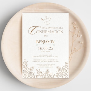 Invitación para Confirmación  en Español, Digital o para Imprimir, Tarjeta Católica para Ocasiones Religiosas Única y Elegante (in Spanish)