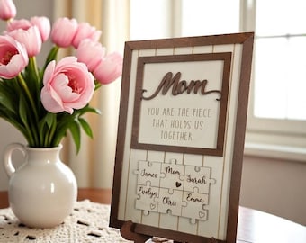 Custom Wooden Mom Sign – Mother's Day Gift with Kids' Names – Personalized Puzzle Home Decor