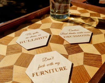 Funny Wooden Coaster Set | Hexagon Drink Coasters with Sarcastic Quotes | Laser Engraved Funny Bar Coasters Gift for Friends