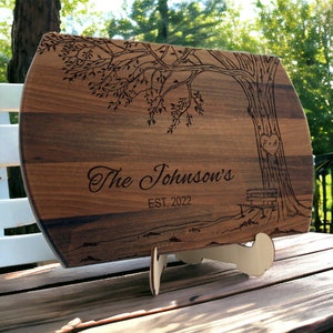 Personalized engraved cutting board tree with initials inside a carved heart Couples gift for wedding gift for anniversary Family name