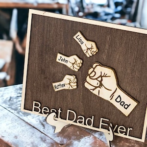 Custom Dad and Kids Fist Bump Wood Sign With Names for Dad Birthday Gift Father&#39;s Day Gift Idea for Dad Fathers Day Gift from Daughter Son