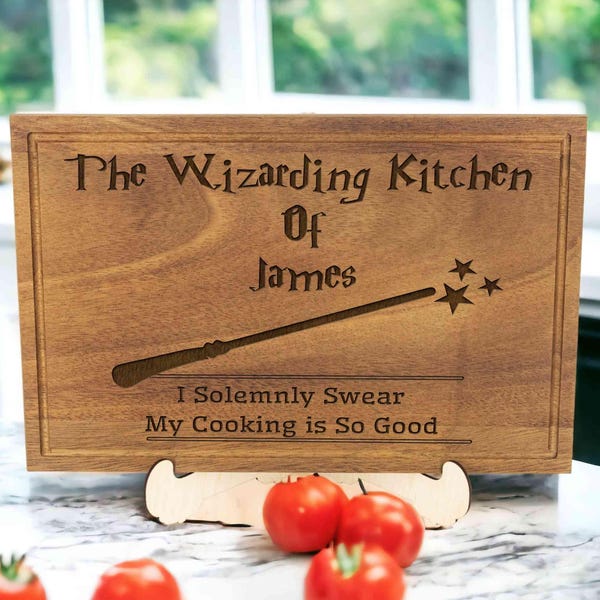The Wizarding Kitchen of Personalized Wizard Quote Cutting Board 'Eat, you will feel better' Custom Engraved Wand Magical Wizard Wand Gifts
