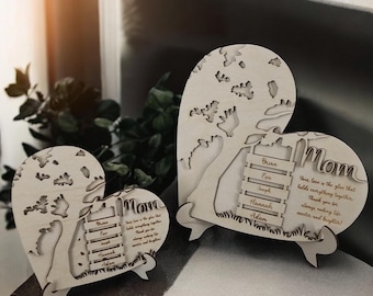 Personalized Wooden Mom Sign with Kids' Names | Mother's Day Gift for Mom | Custom Heart Tree Plaque