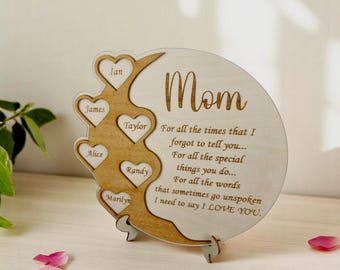 Personalized Mother's Day Wooden Plaque – Custom Engraved Gift for Mom, Heart-Shaped Name Design, Unique Handmade Keepsake, Birthday Gift