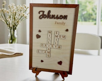 Personalized Wooden Family Name Crossword Sign | Custom Gift for Mom | Mother's Day Decor | Handmade Laser Cut Family Wall Art