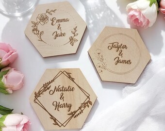 Custom Wedding Coasters – Personalized Wedding Decor –Engraved Hexagon Wood Coaster – 10 Elegant Designs