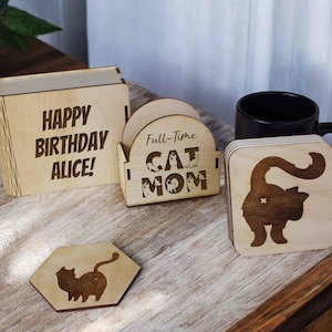 Set of Funny Cat Wooden Coasters • 8 or 12 pc Coasters Set Gift for Cat Lovers Personalized Cat Butt Gift Custom Kitten Cat Mom Gift Coaster