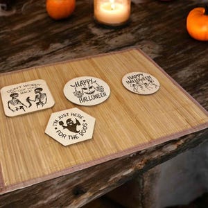Funny Halloween Coaster Set Engraved Wood Coasters 12 pc Halloween Party Decor Coffee Coasters Ghost Skeleton Witch Cool Gift for Halloween